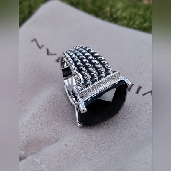 David Yurman Sterling Silver Wheaton 14x20mm Black Onyx & Diamond Ring - Picture 10 of 16